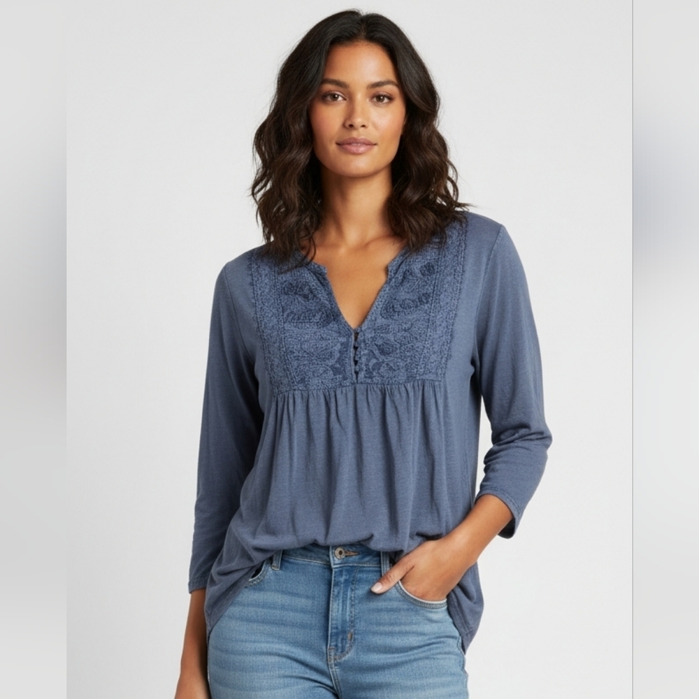 Lucky Brand Split Neck Embroidered Boho Top